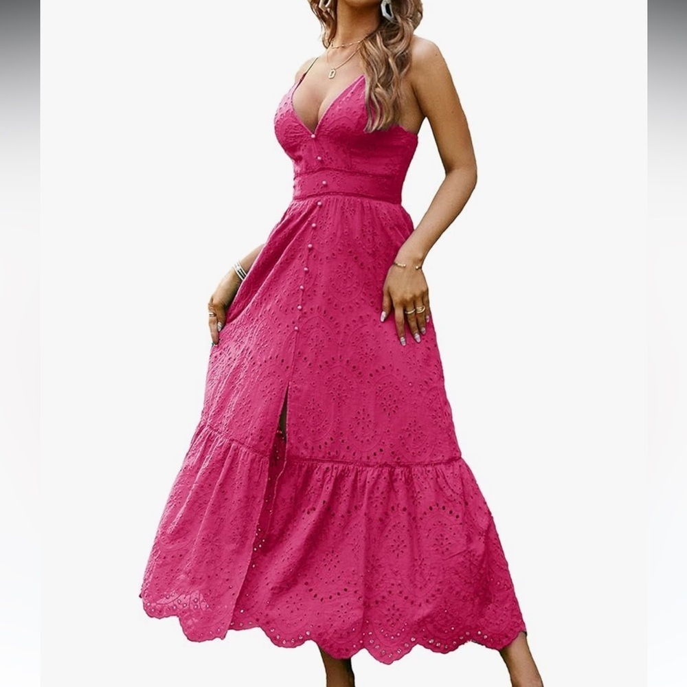 Women's Embroidery Pearl Button Down Dress V Neck Spaghetti Strap Maxi Dress